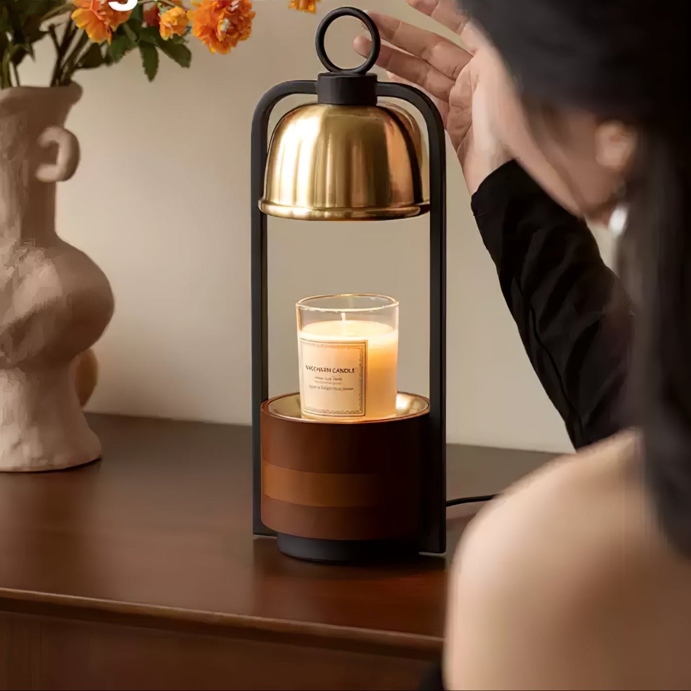Lunara Candle Warmer Lamp | Wood, Brass | Gold, Walnut, Black