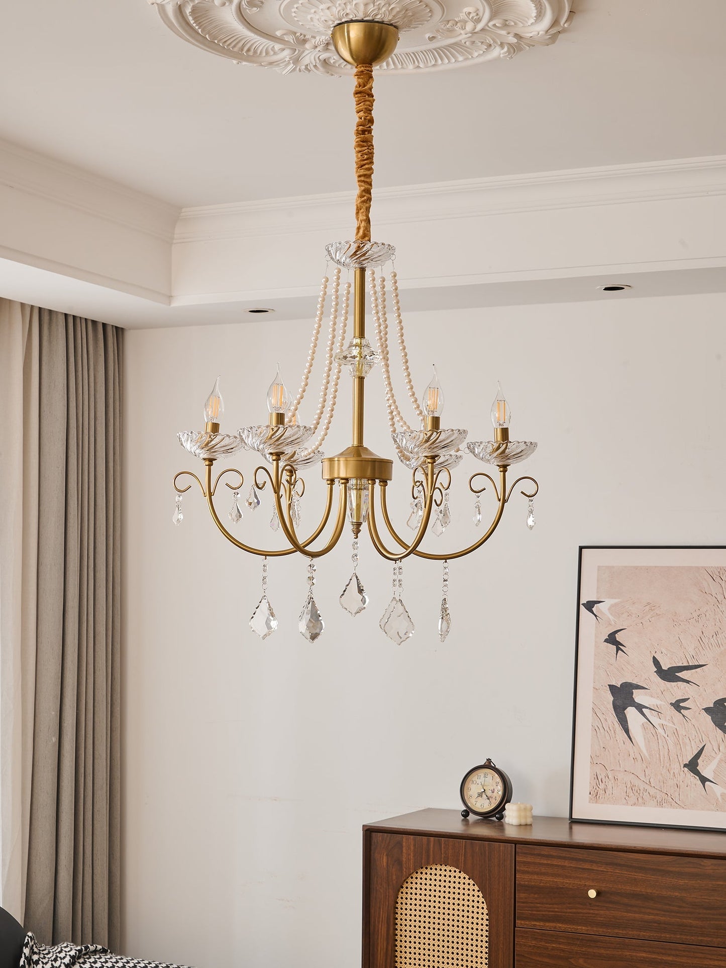 Pearl Crystal Chandelier | Copper-Plated Iron & Glass | Gold, 6 or 8 Lights