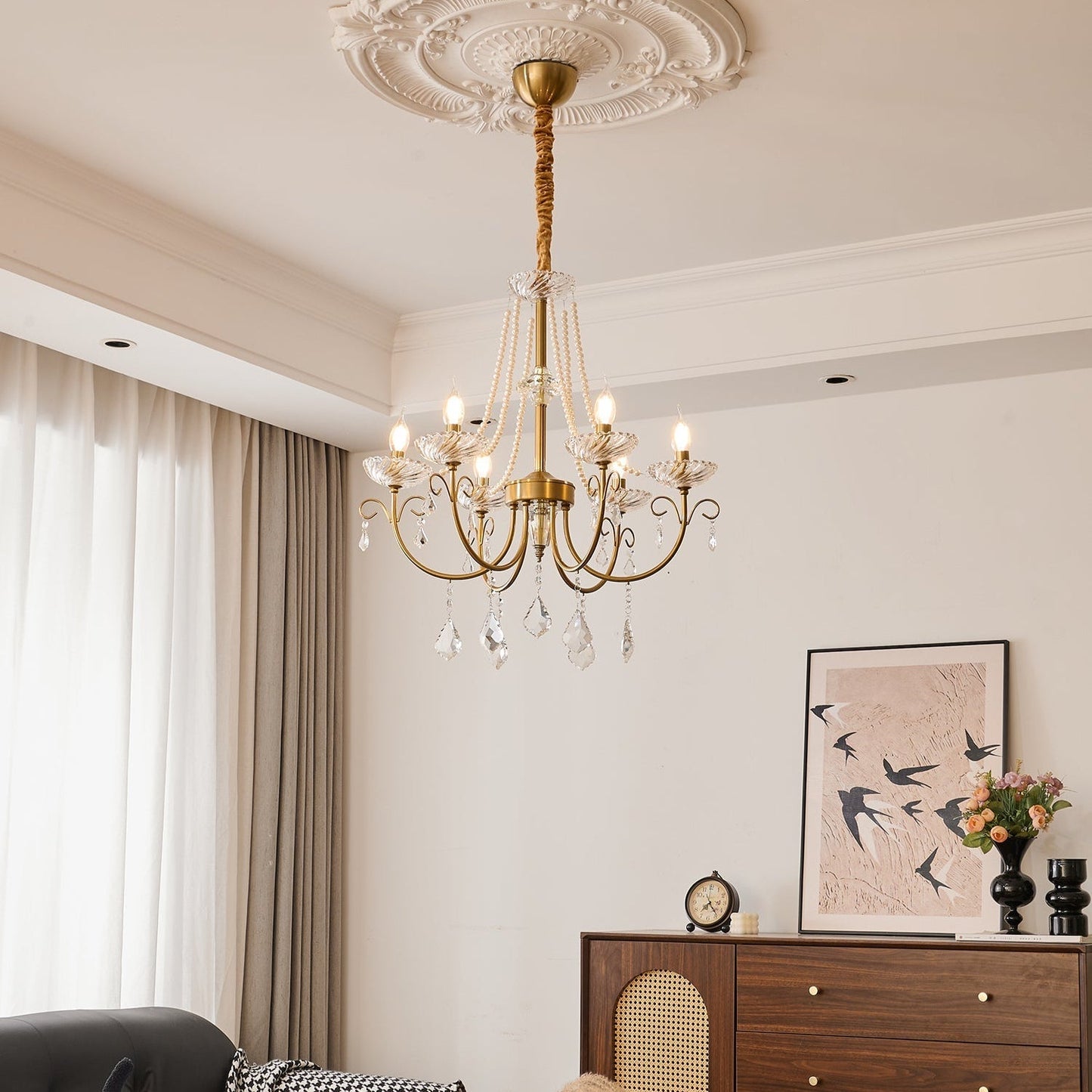Pearl Crystal Chandelier | Copper-Plated Iron & Glass | Gold, 6 or 8 Lights