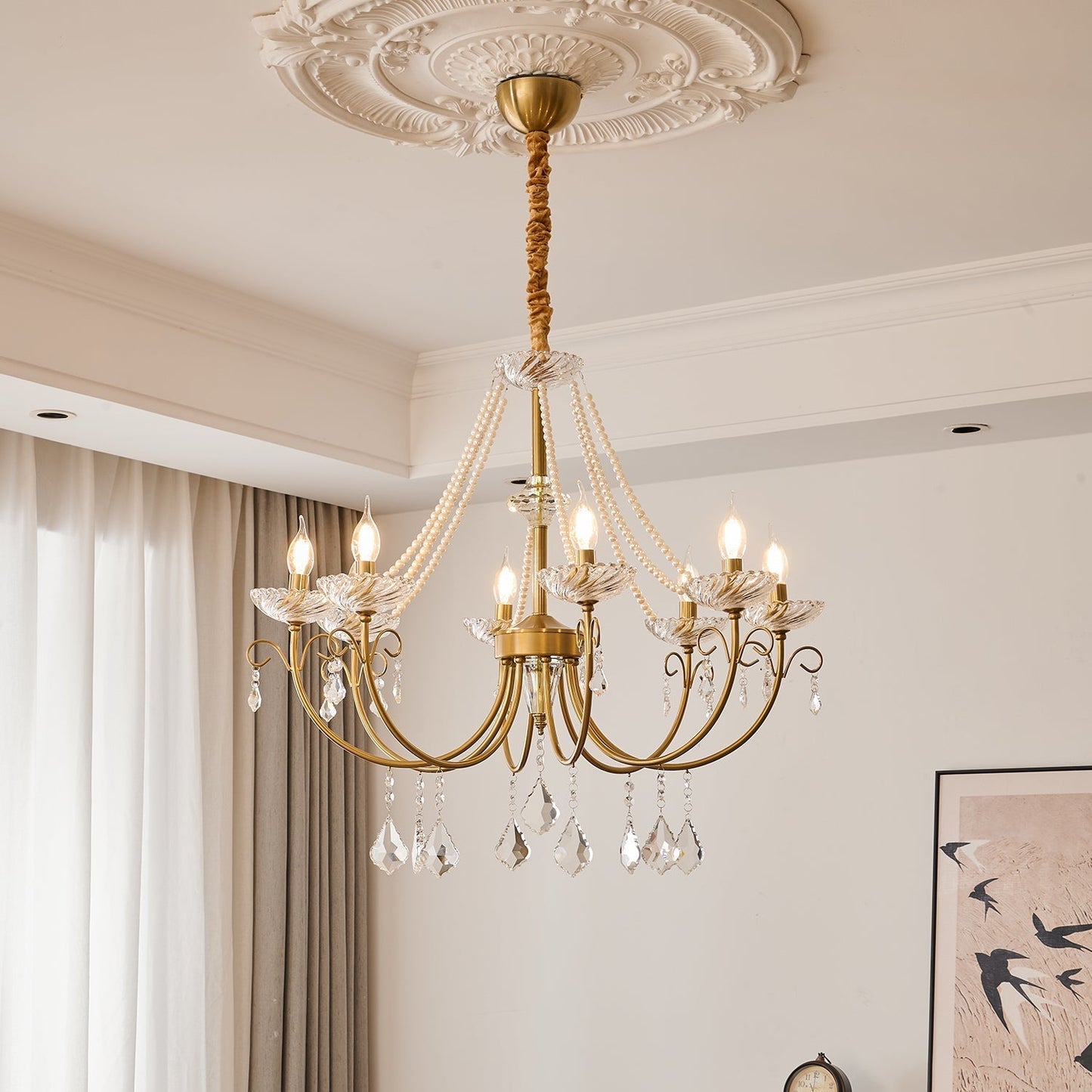 Pearl Crystal Chandelier | Copper-Plated Iron & Glass | Gold, 6 or 8 Lights