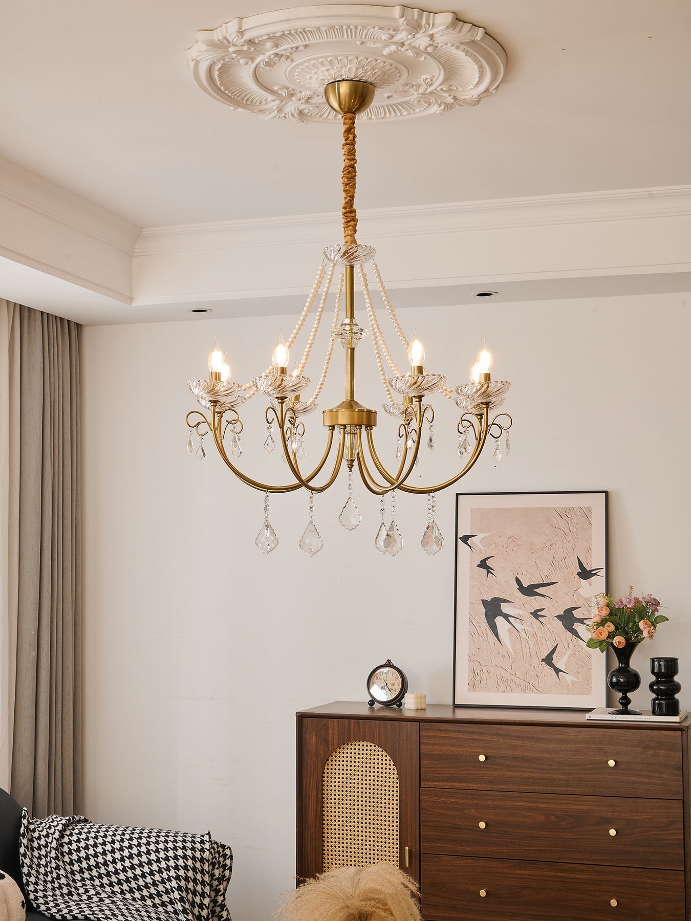 Pearl Crystal Chandelier | Copper-Plated Iron & Glass | Gold, 6 or 8 Lights