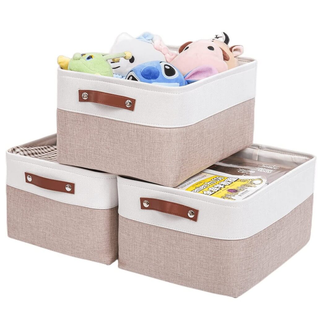 Fabric Storage Boxes | Collapsible with Leather Handles | Set of 3, White & Khaki