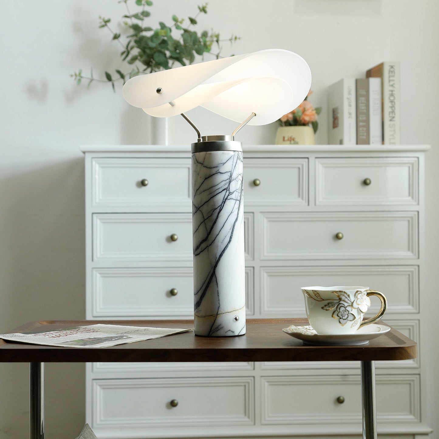 Marbella Table Lamp | Stone Base | Grey and White