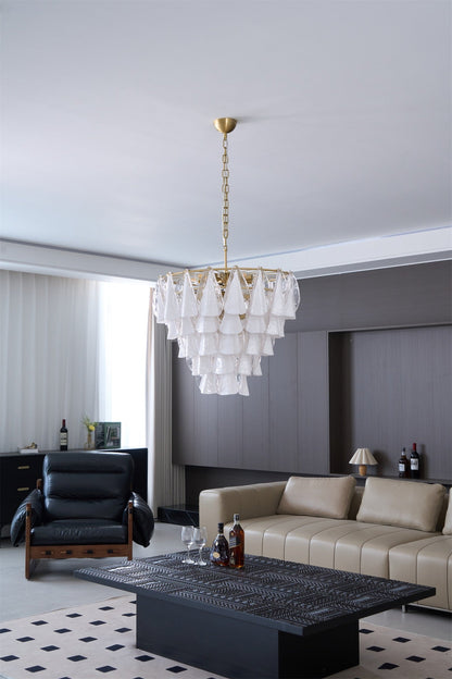 Murano Glass Chandelier | Hand-Blown White & Clear Glass | Gold Frame, 75cm Diameter