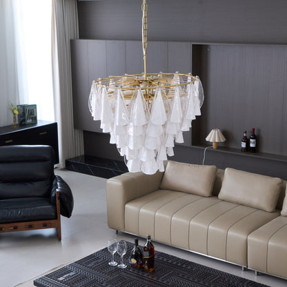Murano Glass Chandelier | Hand-Blown White & Clear Glass | Gold Frame, 75cm Diameter
