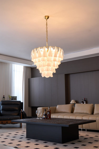 Murano Glass Chandelier | Hand-Blown White & Clear Glass | Gold Frame, 75cm Diameter