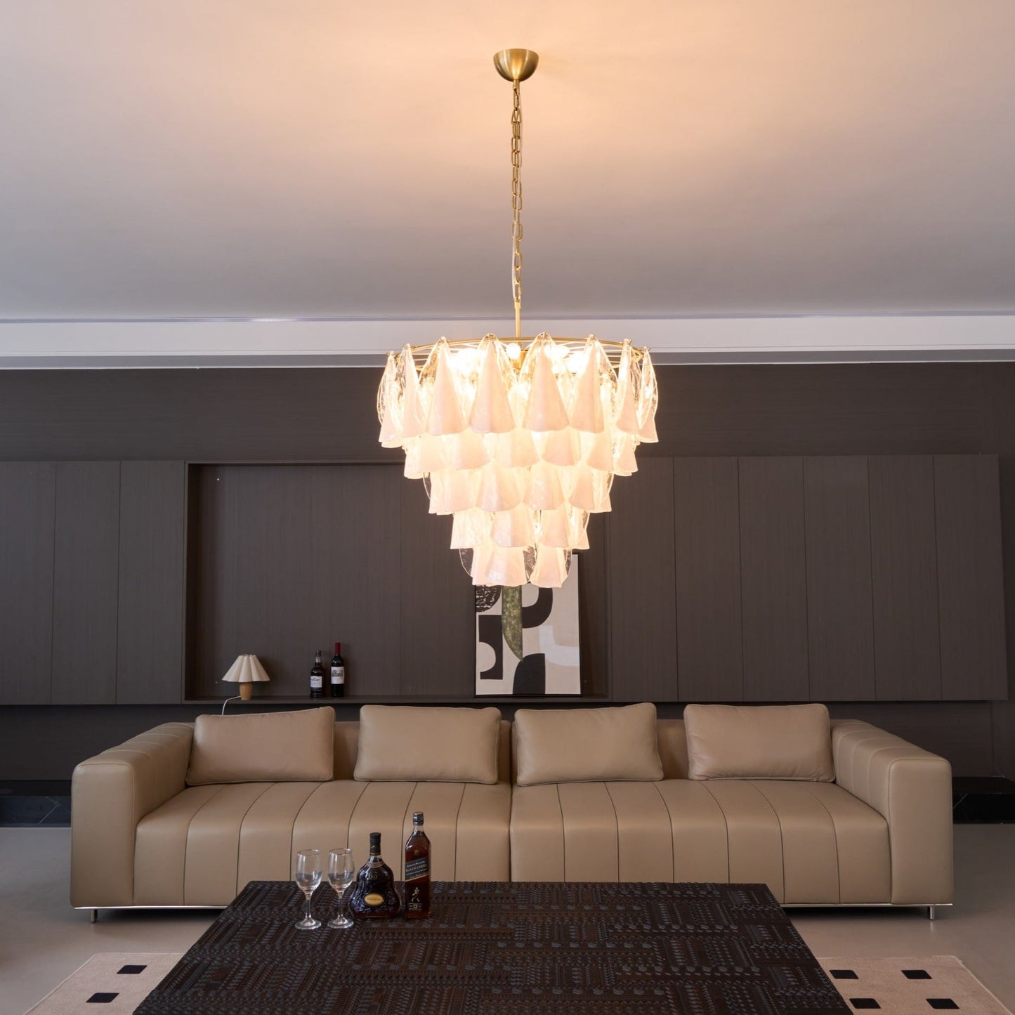 Murano Glass Chandelier | Hand-Blown White & Clear Glass | Gold Frame, 75cm Diameter