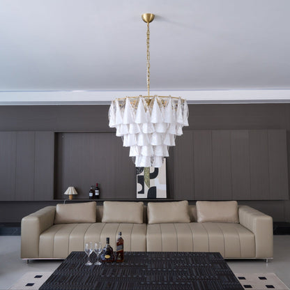Murano Glass Chandelier | Hand-Blown White & Clear Glass | Gold Frame, 75cm Diameter