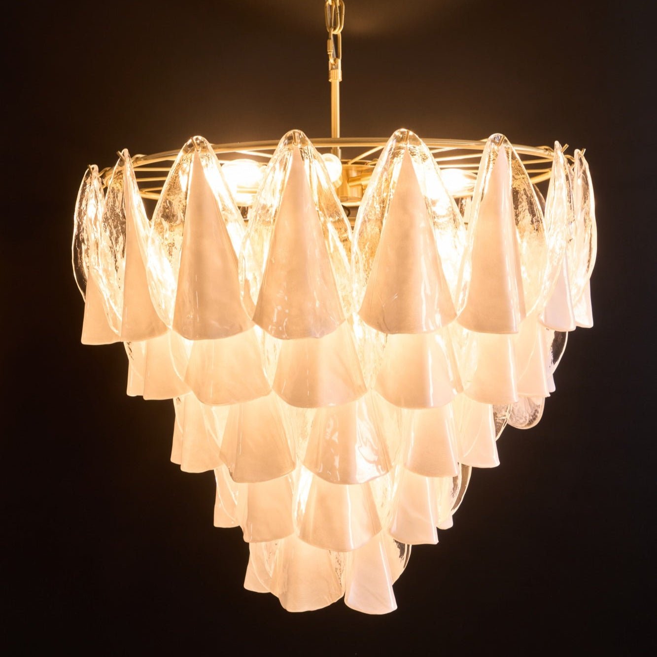 Murano Glass Chandelier | Hand-Blown White & Clear Glass | Gold Frame, 75cm Diameter