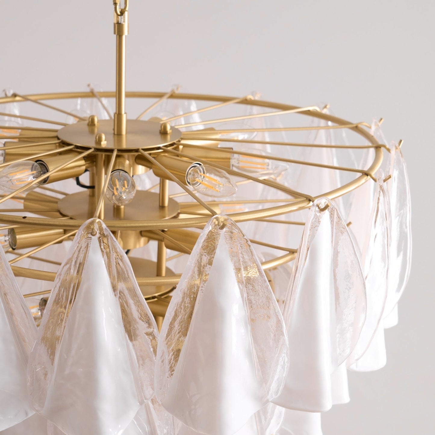 Murano Glass Chandelier | Hand-Blown White & Clear Glass | Gold Frame, 75cm Diameter