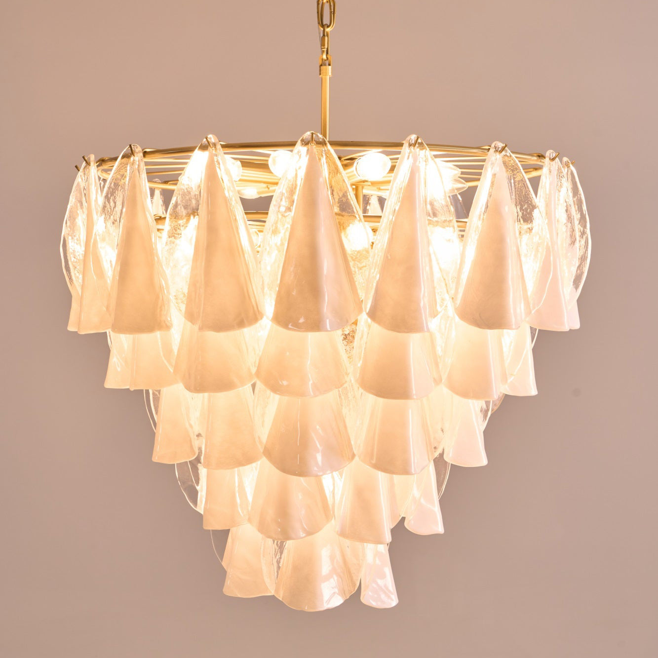 Murano Glass Chandelier | Hand-Blown White & Clear Glass | Gold Frame, 75cm Diameter