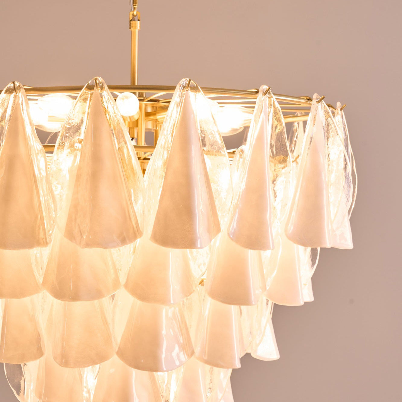 Murano Glass Chandelier | Hand-Blown White & Clear Glass | Gold Frame, 75cm Diameter