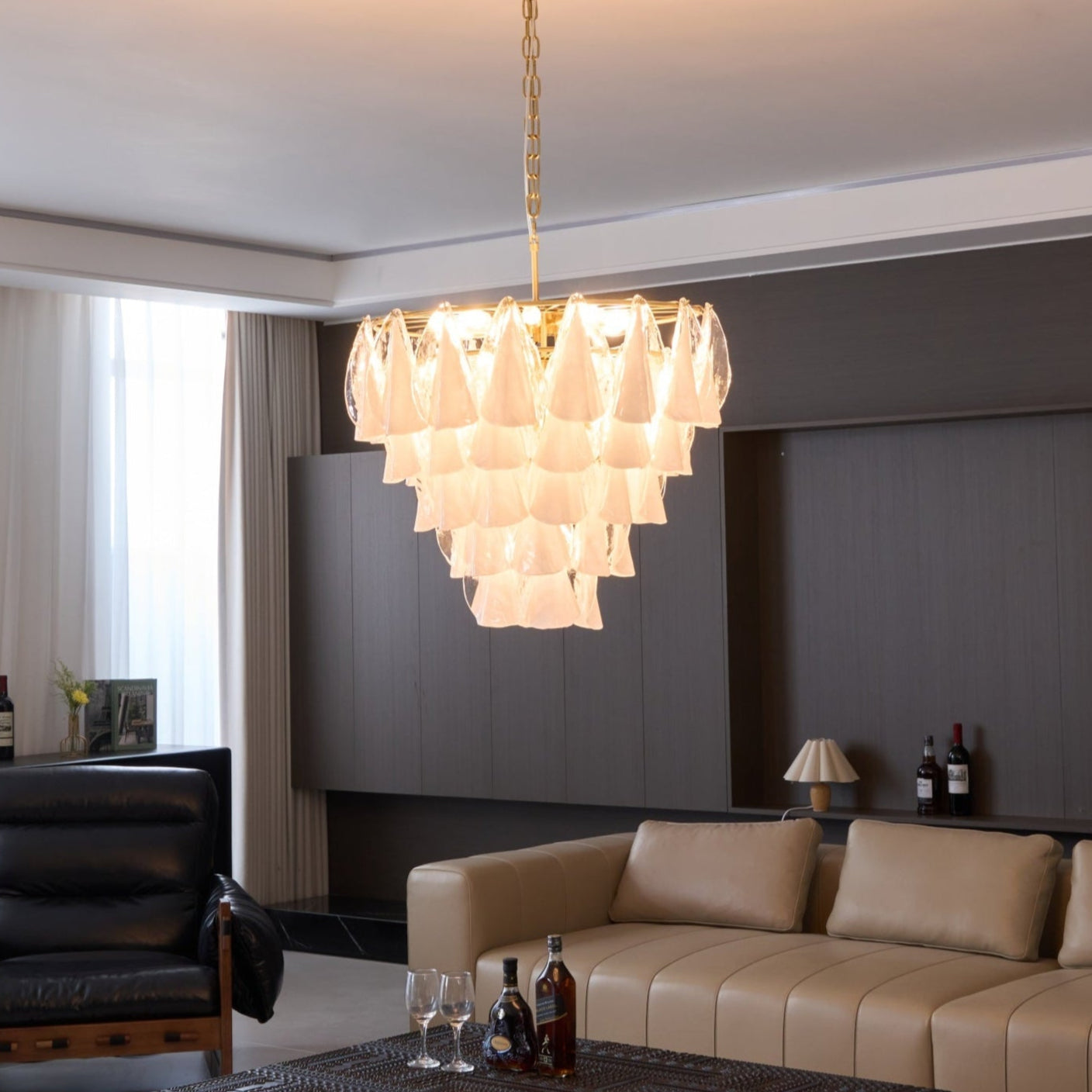 Murano Glass Chandelier | Hand-Blown White & Clear Glass | Gold Frame, 75cm Diameter