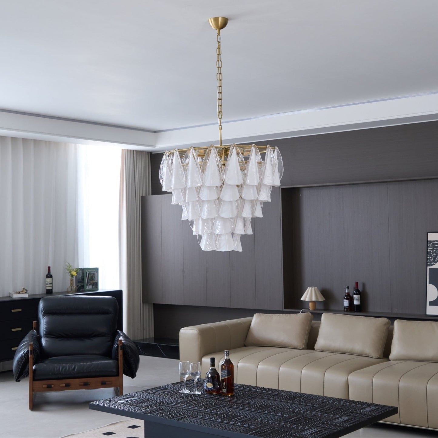 Murano Glass Chandelier | Hand-Blown White & Clear Glass | Gold Frame, 75cm Diameter