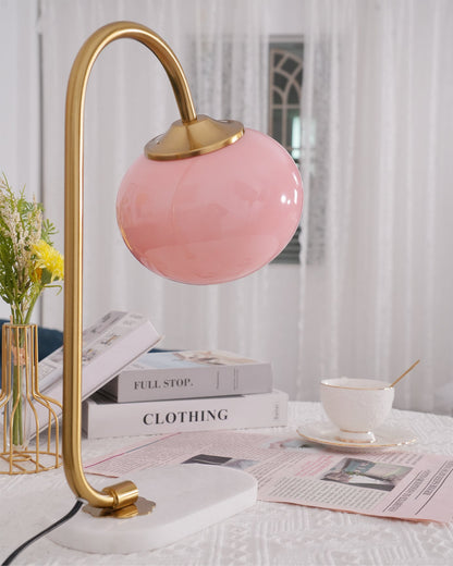 Marshmallow Table Lamp | Gold Finish with Pink Glass Shade | 22cm Diameter