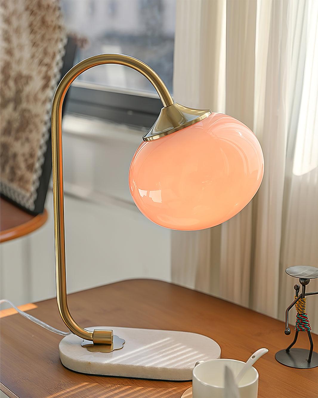 Marshmallow Table Lamp | Gold Finish with Pink Glass Shade | 22cm Diameter