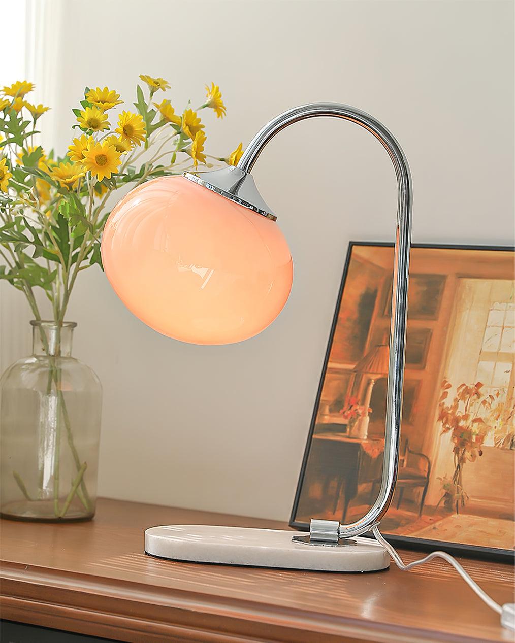 Marshmallow Table Lamp | Gold Finish with Pink Glass Shade | 22cm Diameter