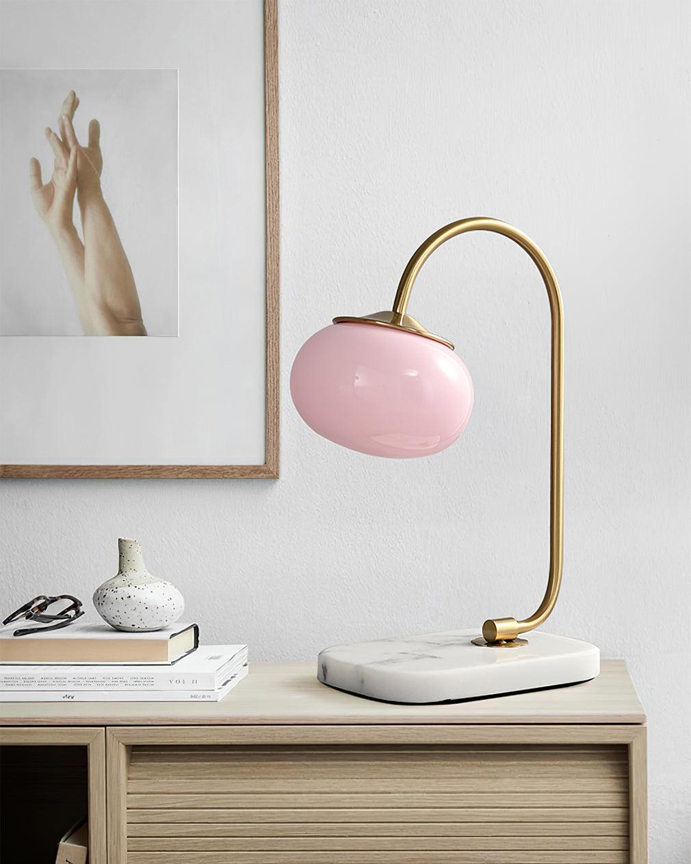 Marshmallow Table Lamp | Gold Finish with Pink Glass Shade | 22cm Diameter