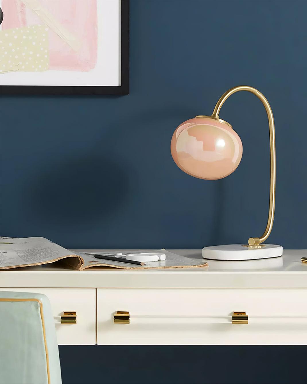 Marshmallow Table Lamp | Gold Finish with Pink Glass Shade | 22cm Diameter