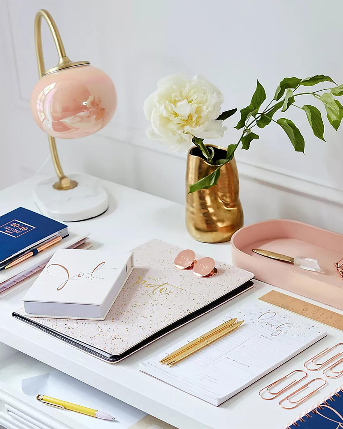 Marshmallow Table Lamp | Gold Finish with Pink Glass Shade | 22cm Diameter