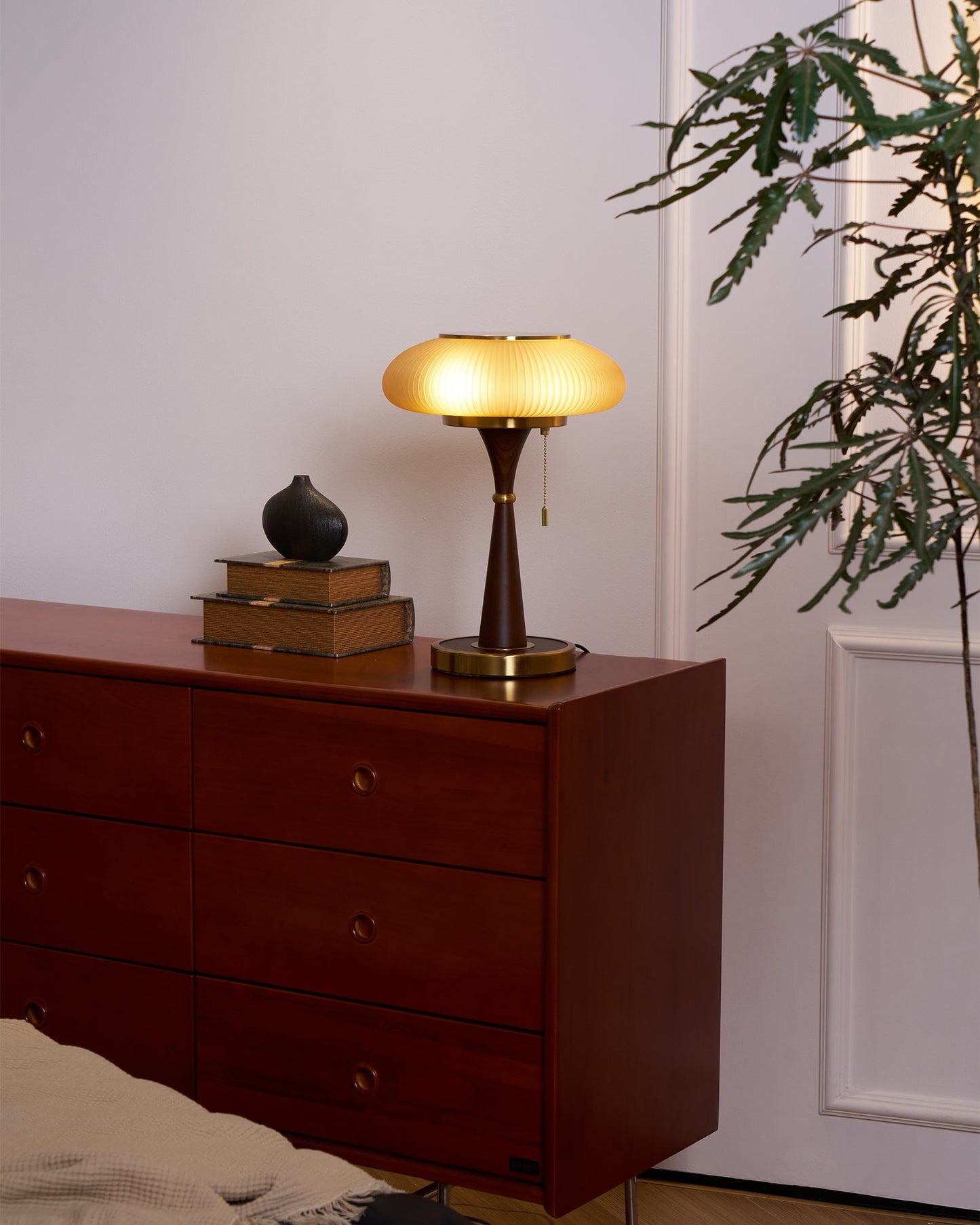 Matsutake Table Lamp | Metal & Wood | Walnut Base Amber Shade