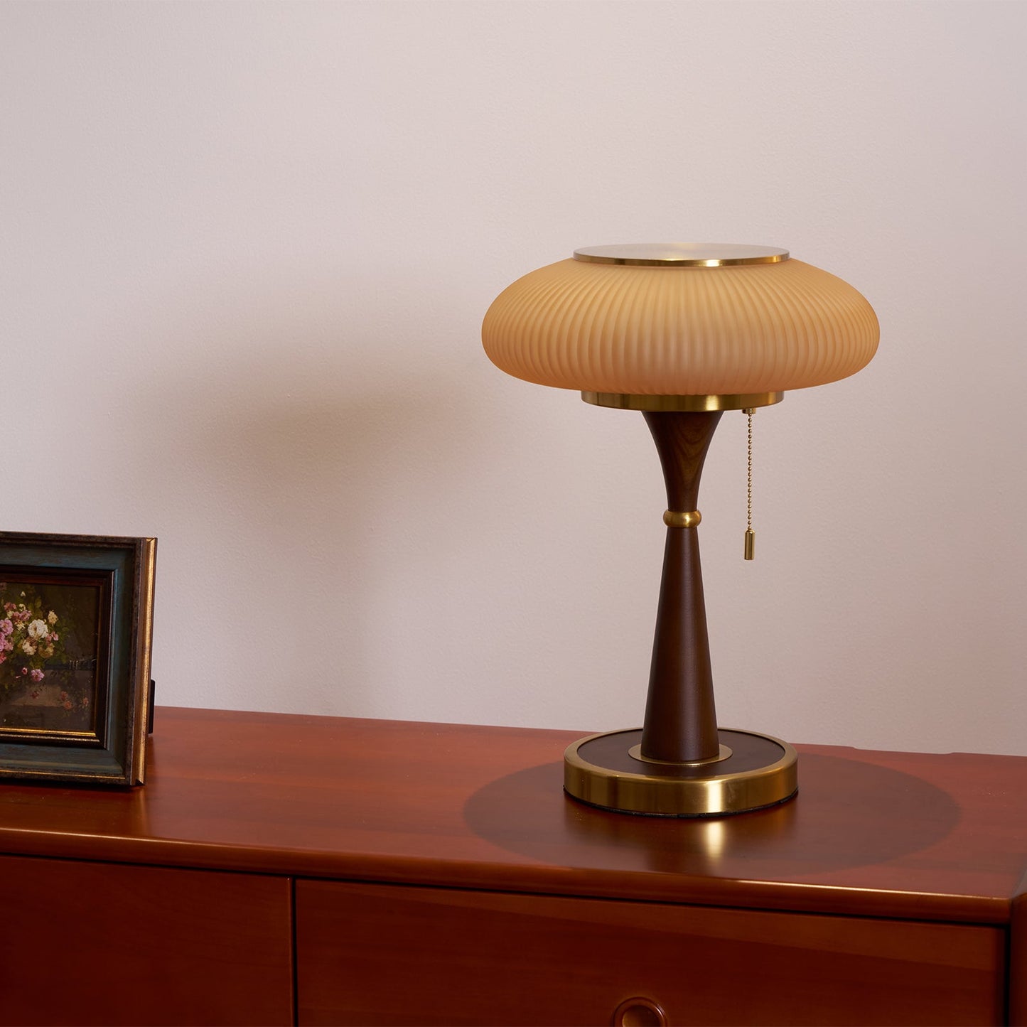 Matsutake Table Lamp | Metal & Wood | Walnut Base Amber Shade