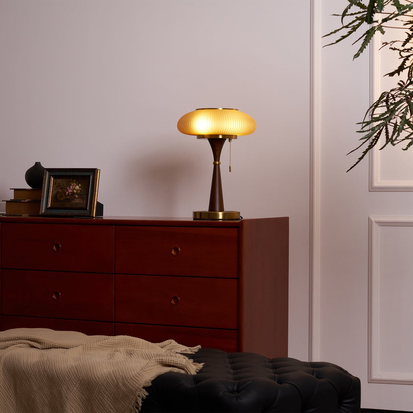 Matsutake Table Lamp | Metal & Wood | Walnut Base Amber Shade