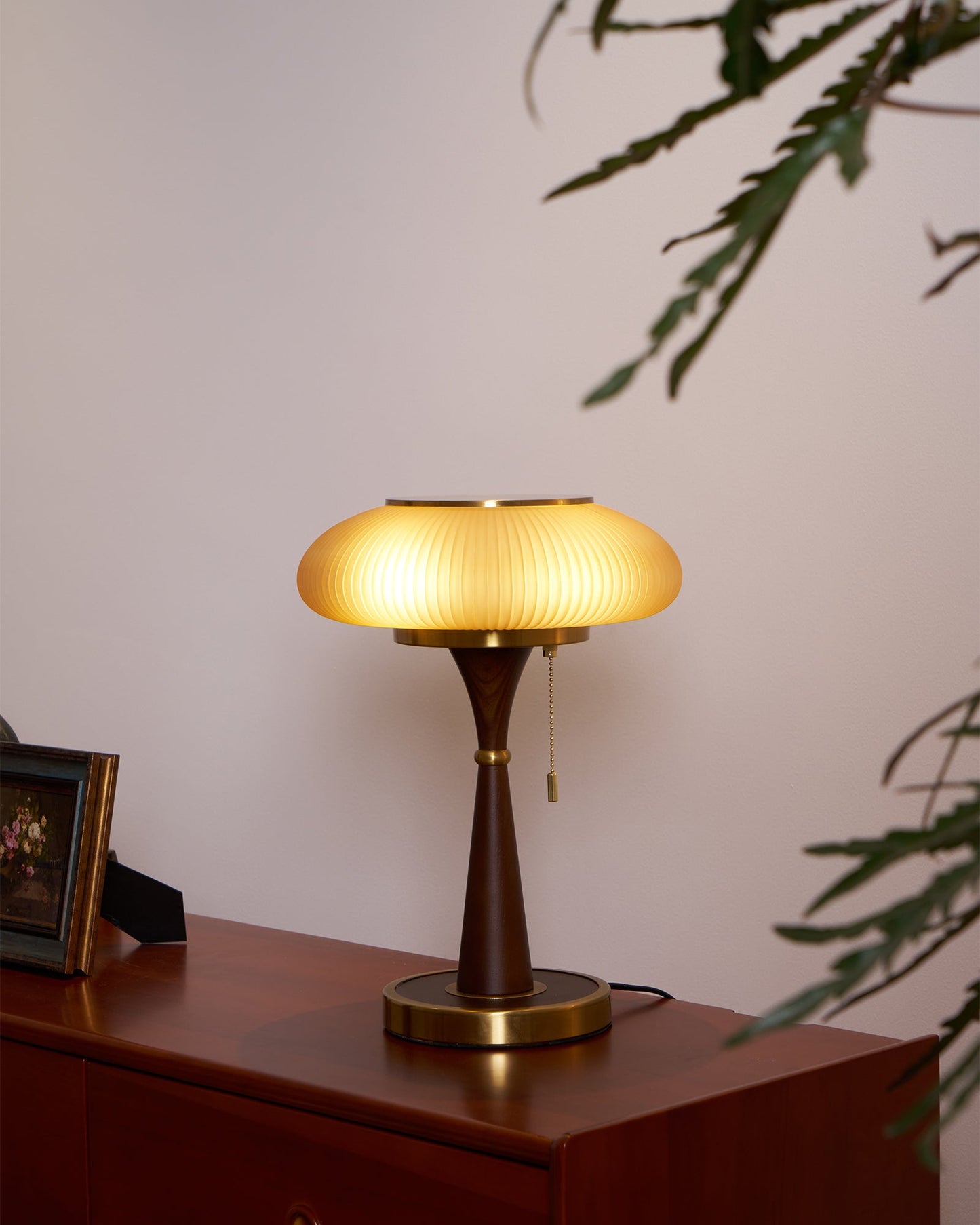 Matsutake Table Lamp | Metal & Wood | Walnut Base Amber Shade