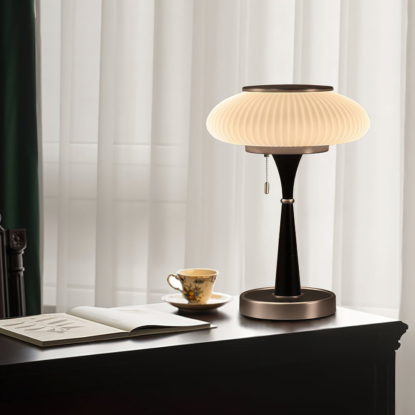 Matsutake Table Lamp | Metal & Wood | Walnut Base Amber Shade