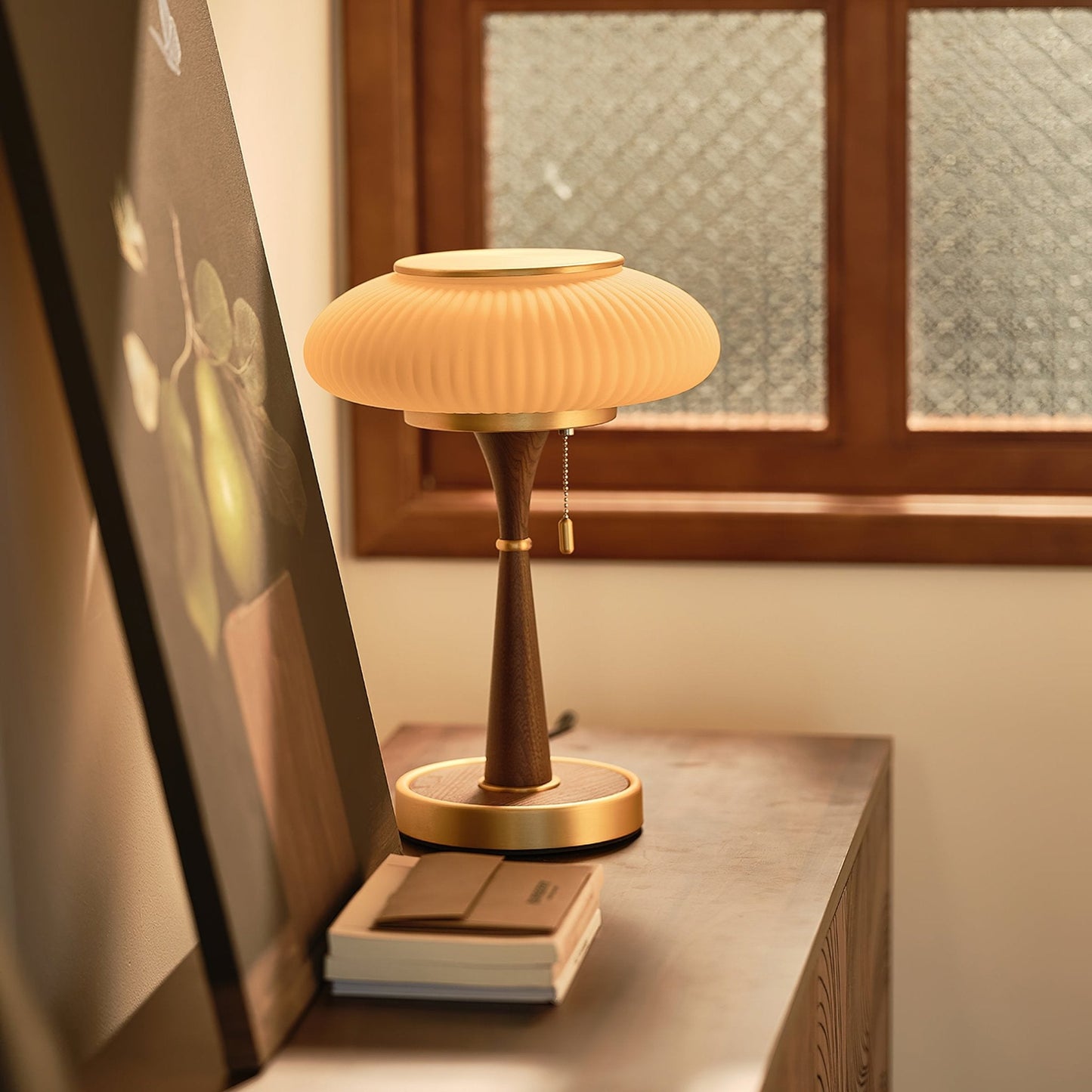 Matsutake Table Lamp | Metal & Wood | Walnut Base Amber Shade