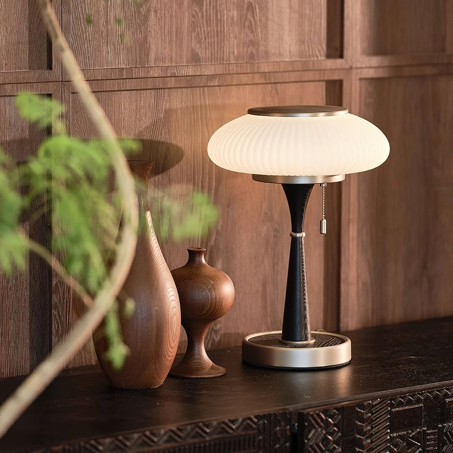 Matsutake Table Lamp | Metal & Wood | Walnut Base Amber Shade