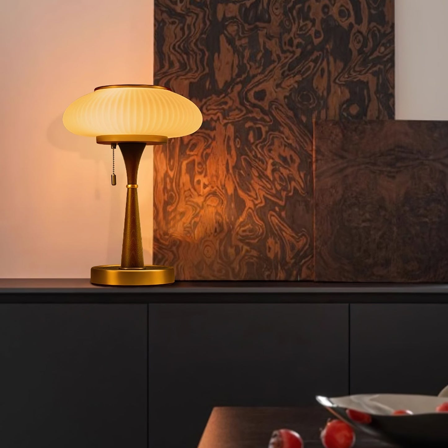 Matsutake Table Lamp | Metal & Wood | Walnut Base Amber Shade