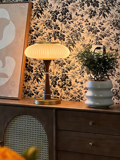 Matsutake Table Lamp | Metal & Wood | Walnut Base Amber Shade