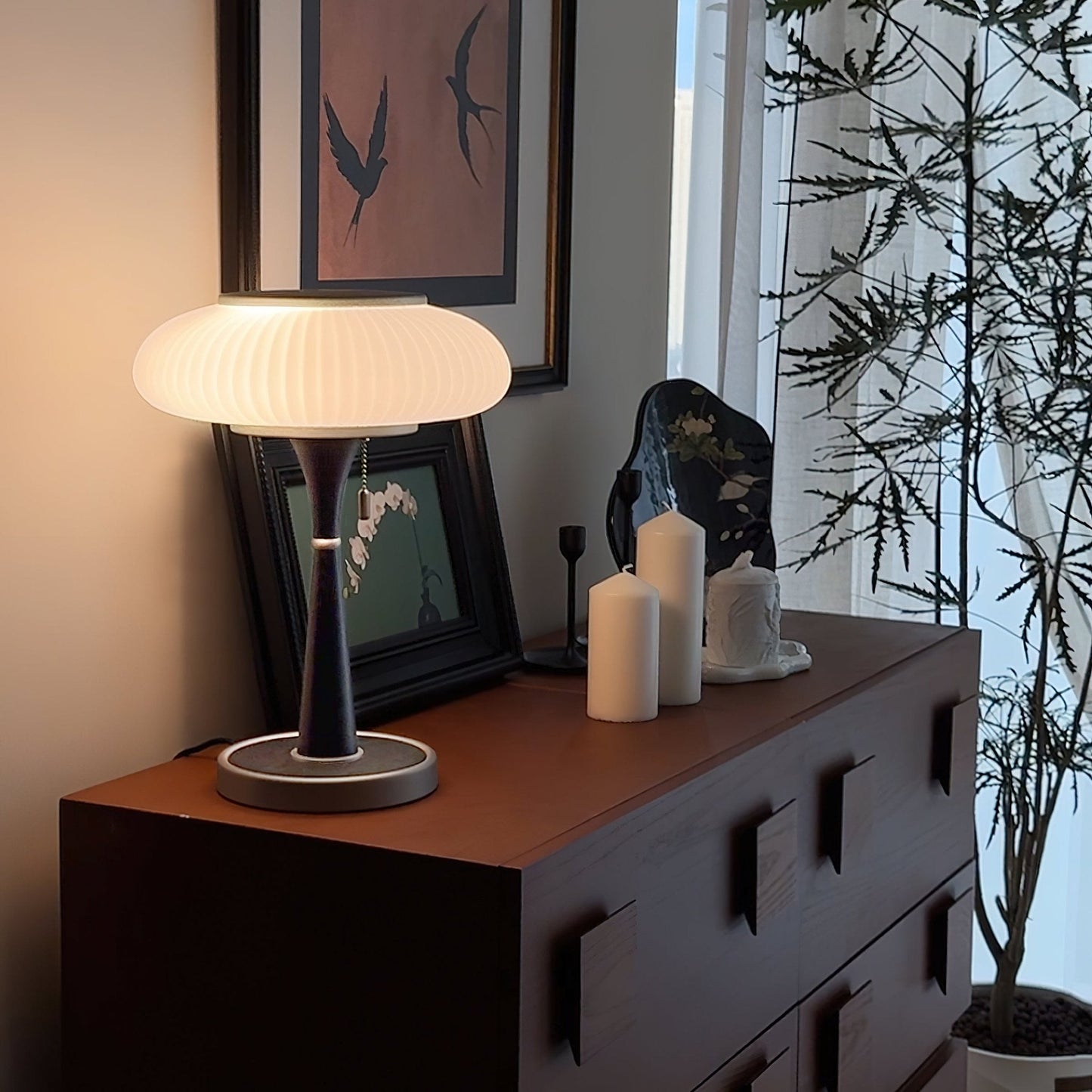 Matsutake Table Lamp | Metal & Wood | Walnut Base Amber Shade