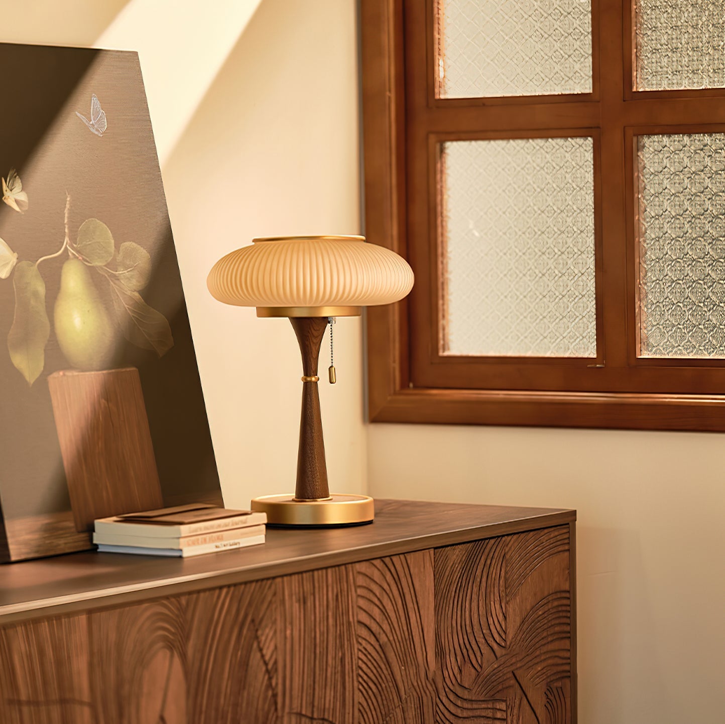 Matsutake Table Lamp | Metal & Wood | Walnut Base Amber Shade