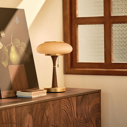 Matsutake Table Lamp | Metal & Wood | Walnut Base Amber Shade