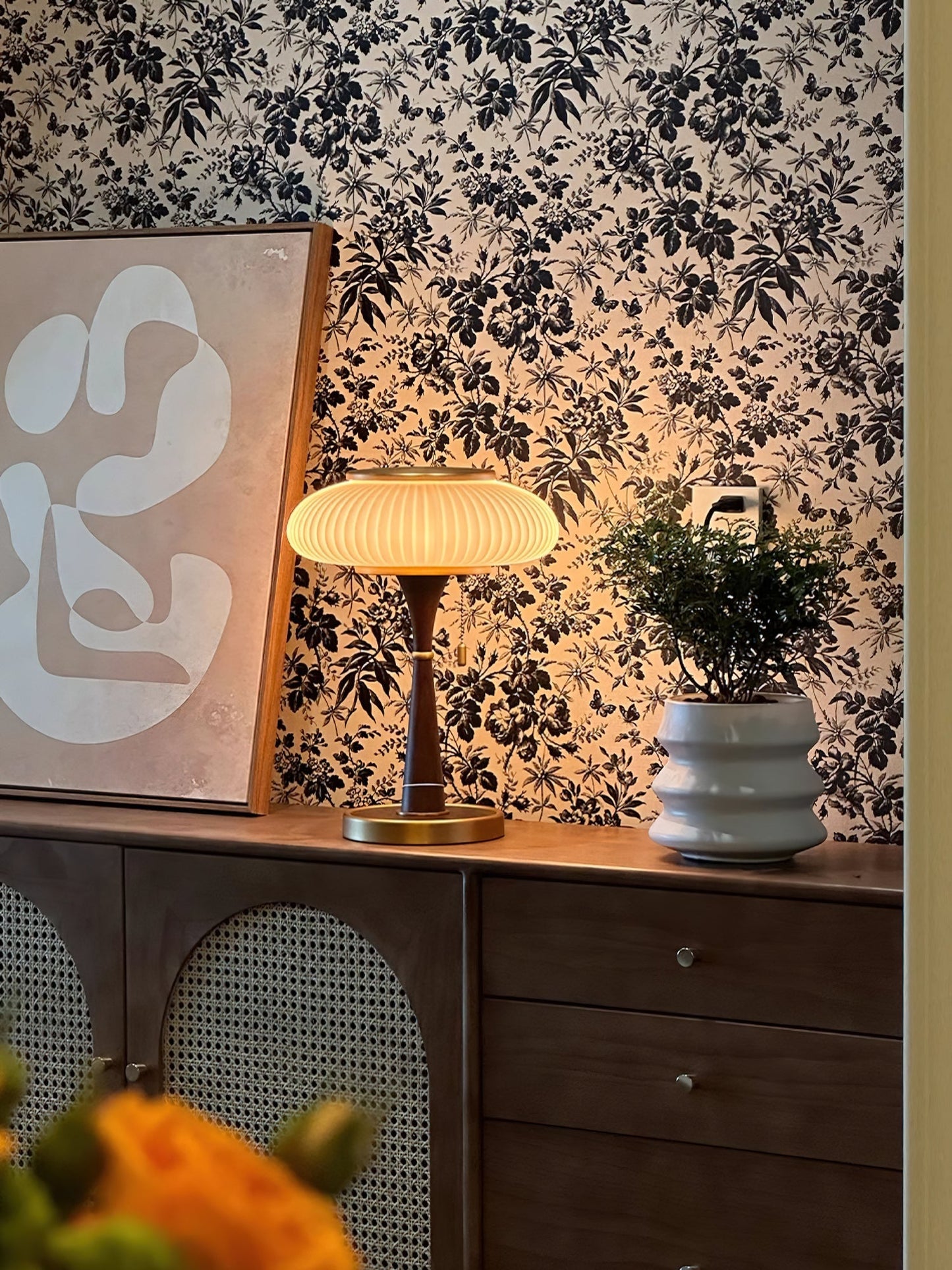 Matsutake Table Lamp | Metal & Wood | Walnut Base Amber Shade