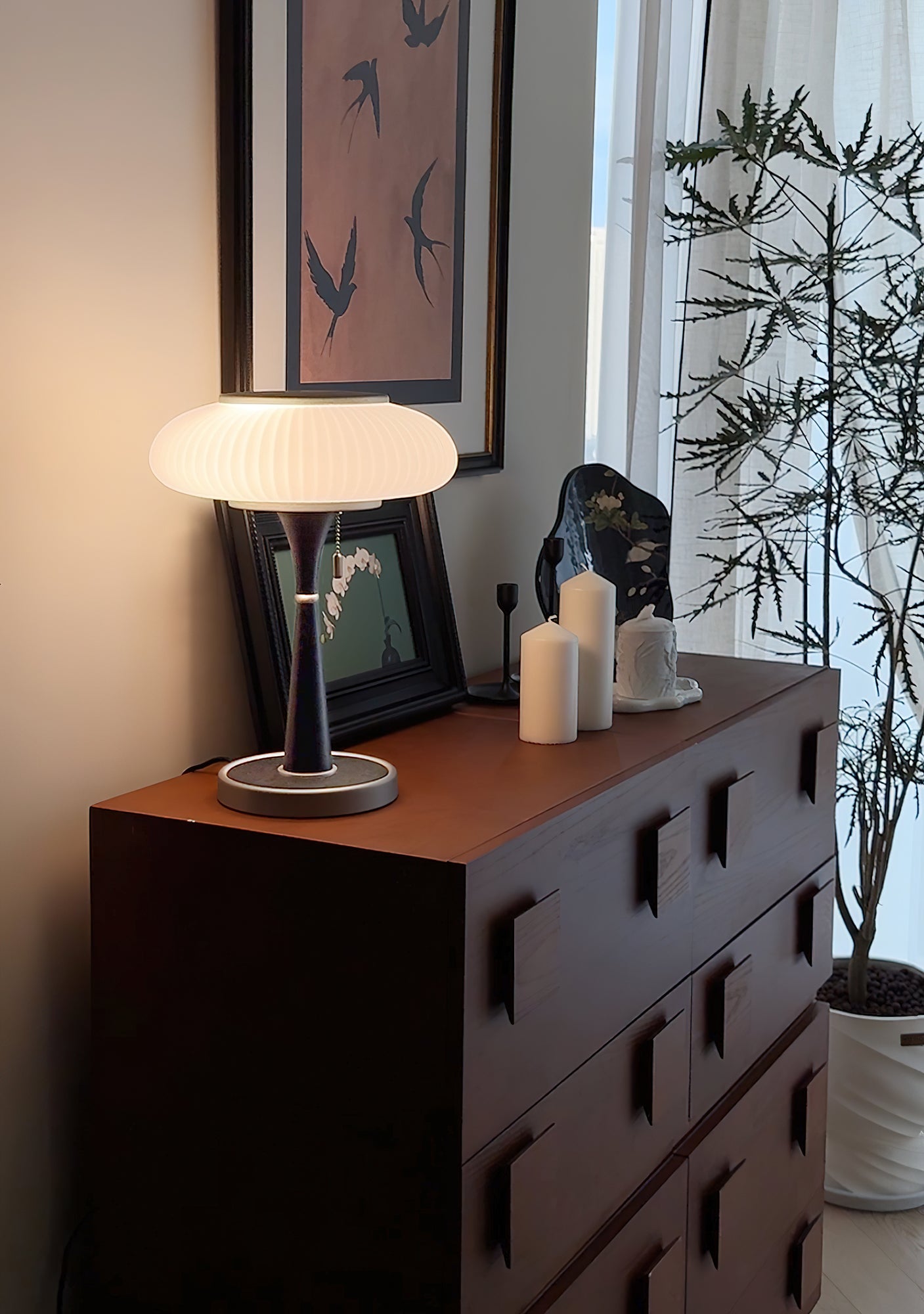 Matsutake Table Lamp | Metal & Wood | Walnut Base Amber Shade