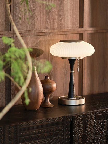 Matsutake Table Lamp | Metal & Wood | Walnut Base Amber Shade