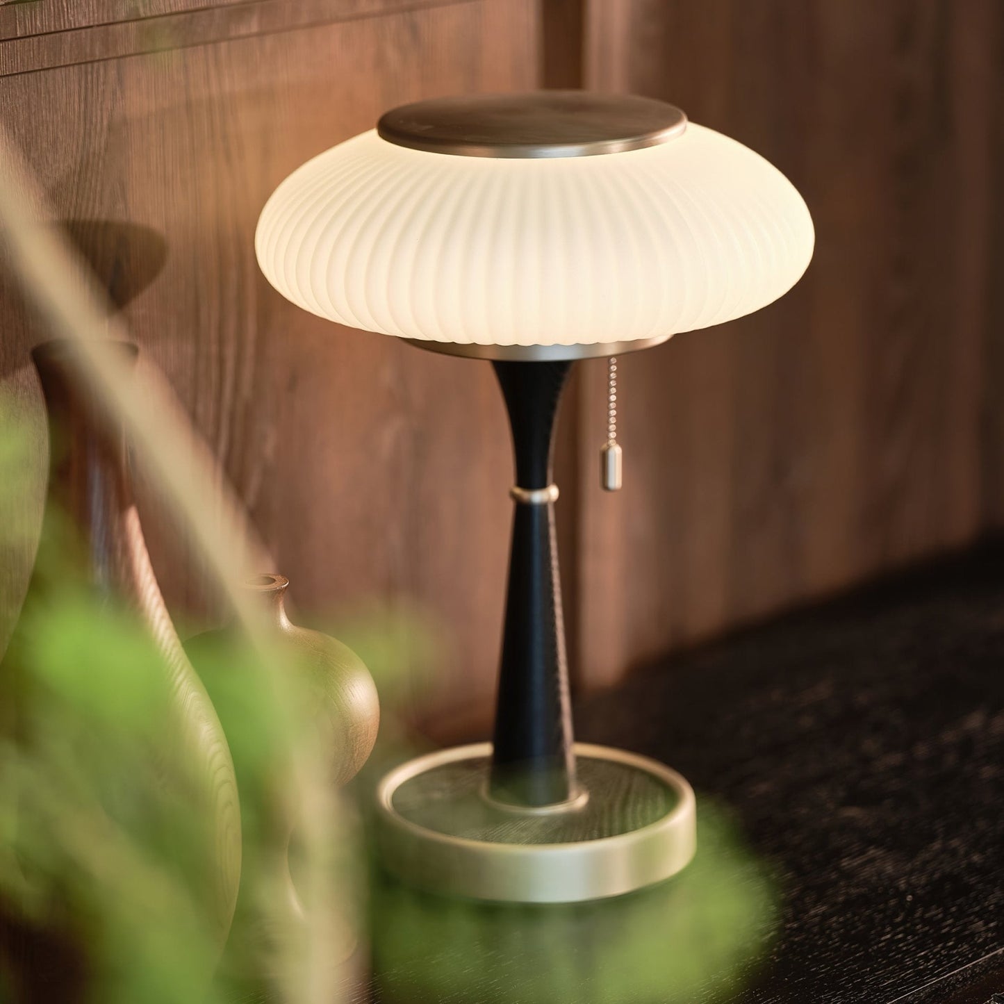 Matsutake Table Lamp | Metal & Wood | Walnut Base Amber Shade