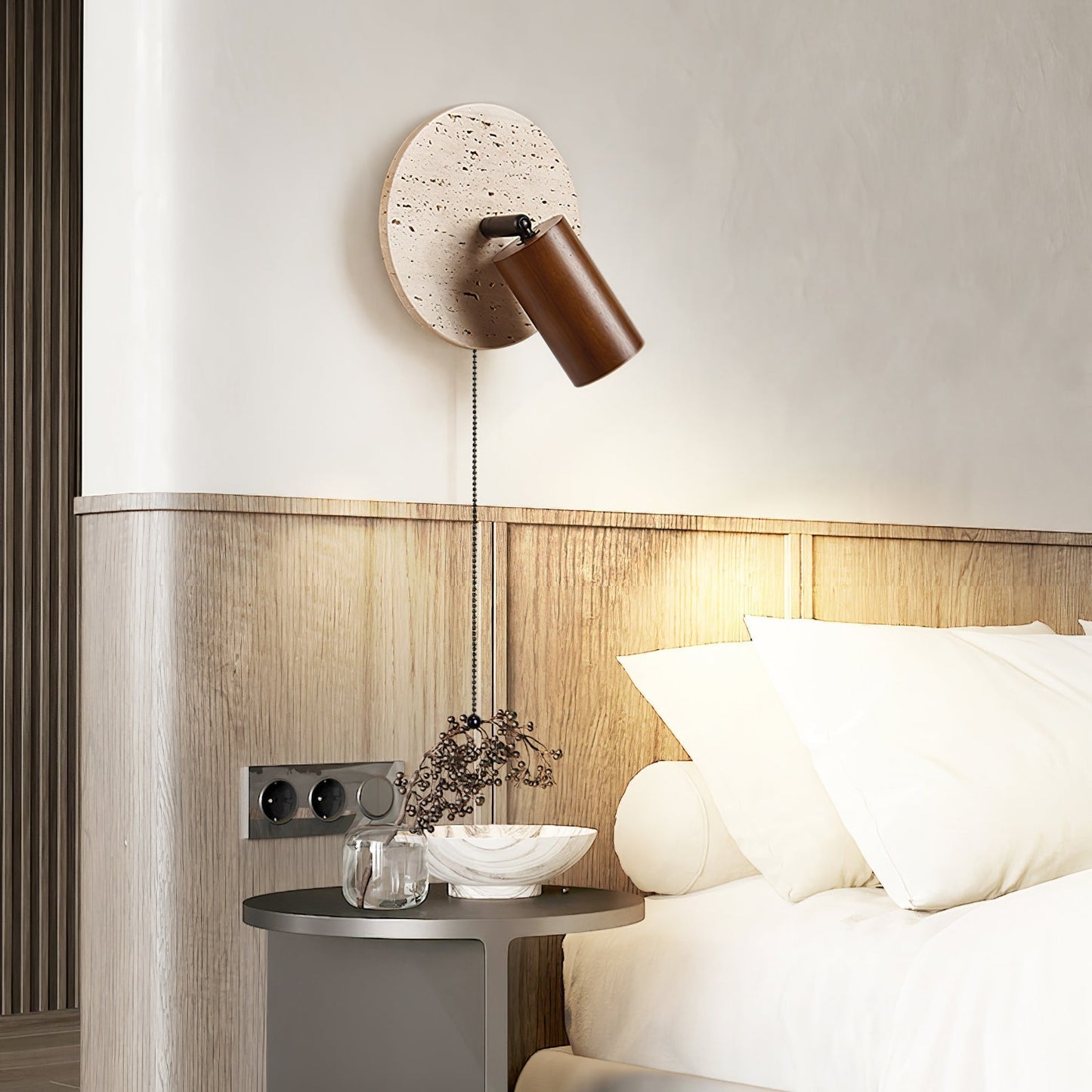Miadi Wall Lamp | Travertine & Wood | Gold, Black, Walnut, Wood Color