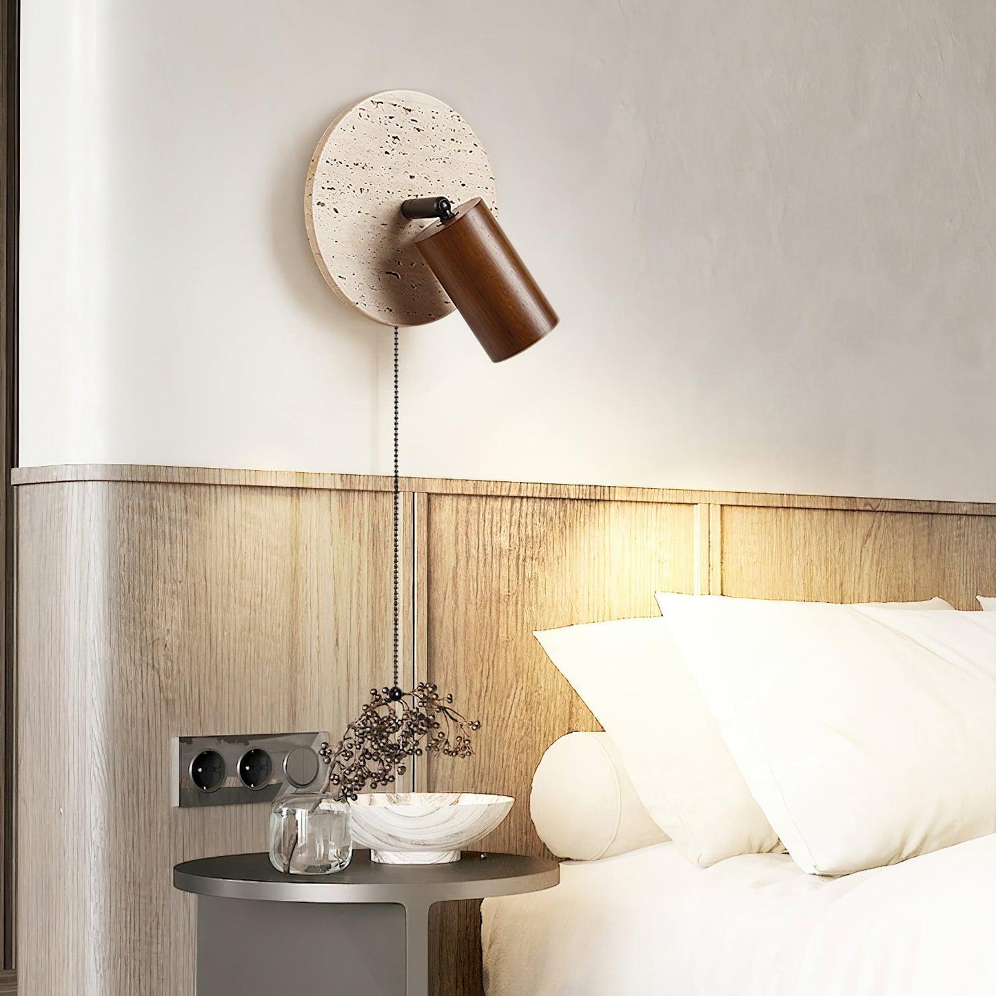 Miadi Wall Lamp | Travertine & Wood | Gold, Black, Walnut, Wood Color