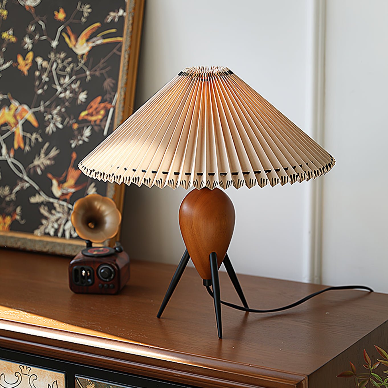 Vintage Table Lamp | Burl Wood & Metal | Black Beige