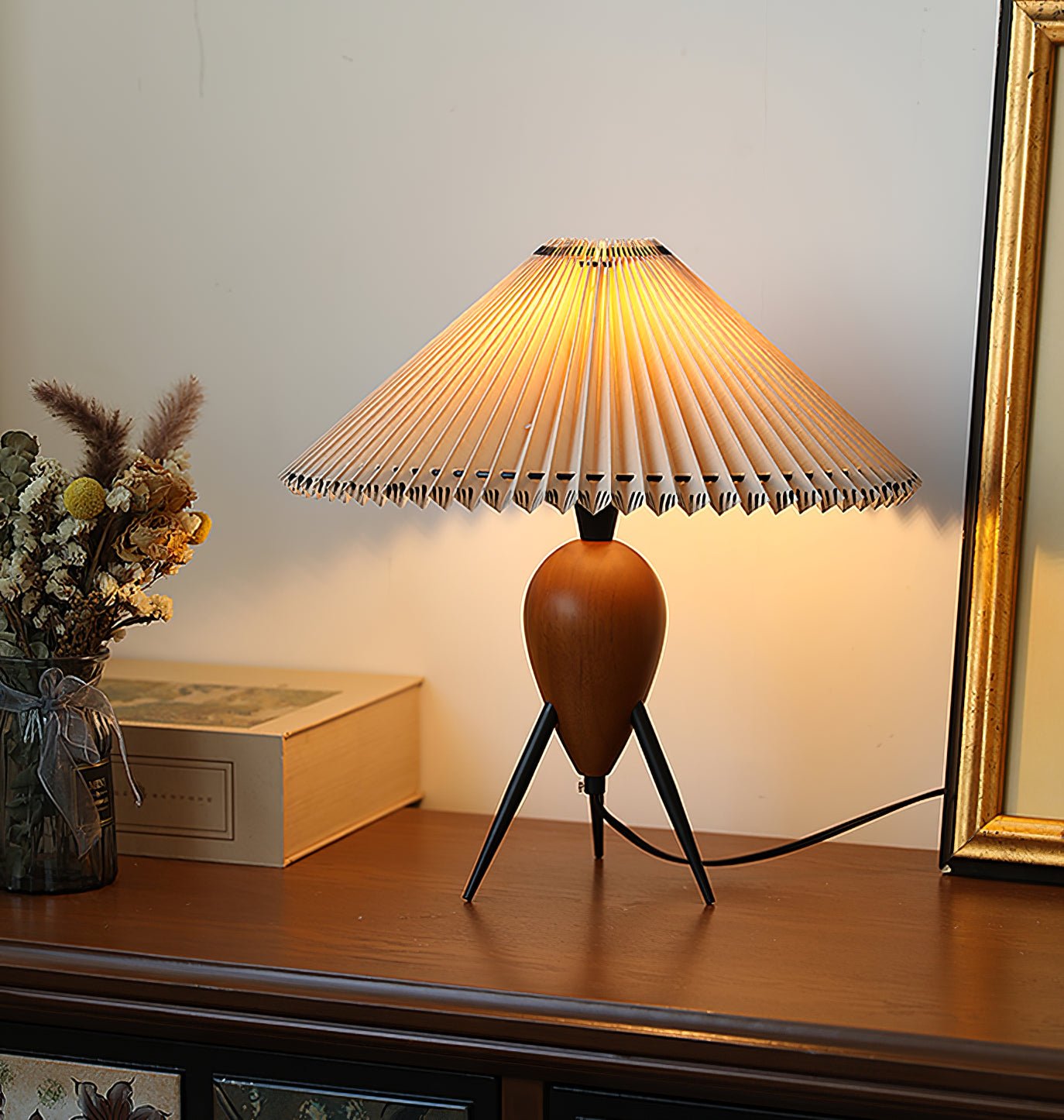 Vintage Table Lamp | Burl Wood & Metal | Black Beige