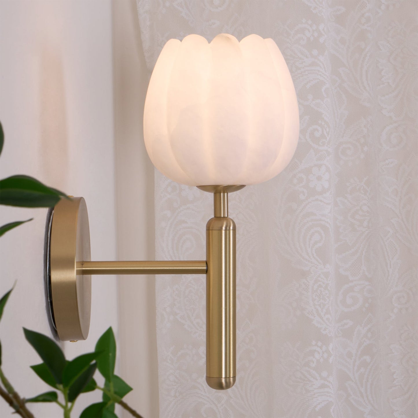 Brass Wall Sconce | Alabaster Floral Design | Set of 2