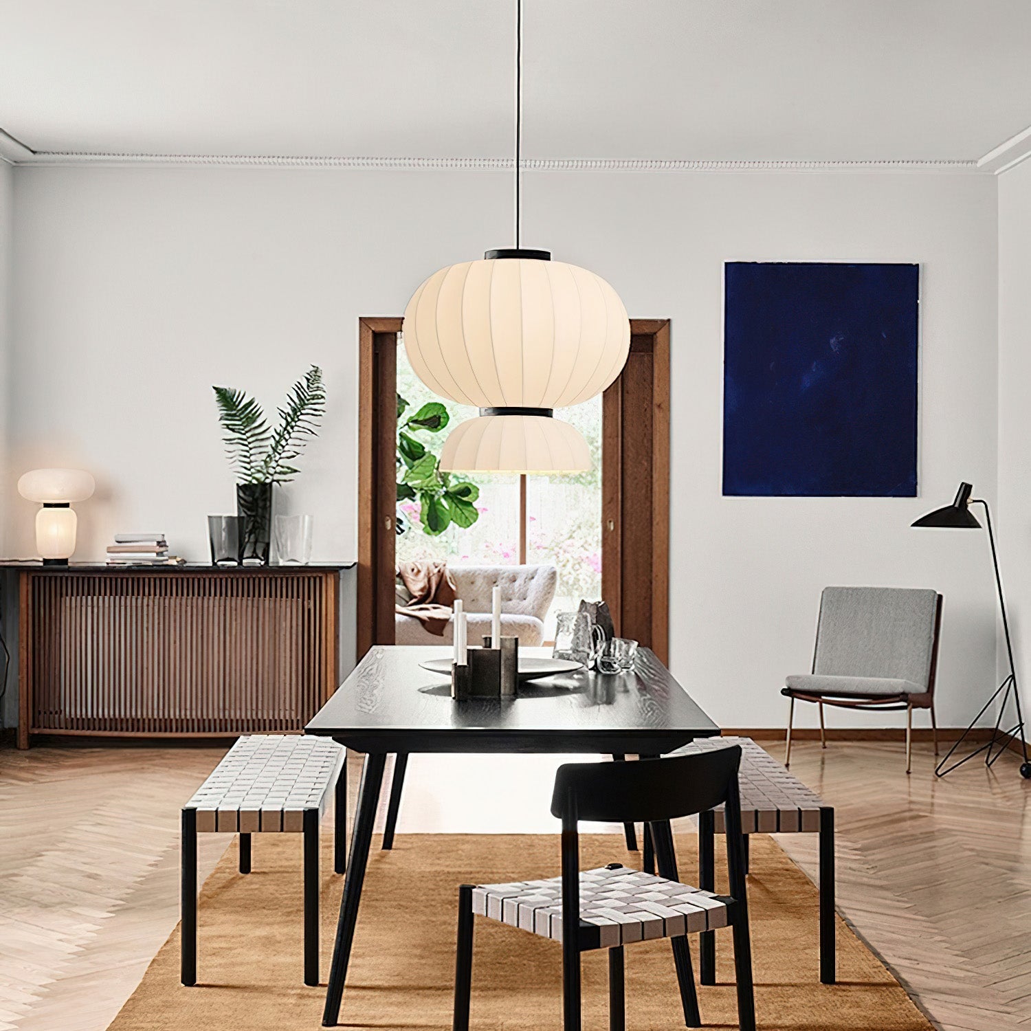 Scandinavian Pendant Light | Mulberry Silk & Black Metal | White Shade