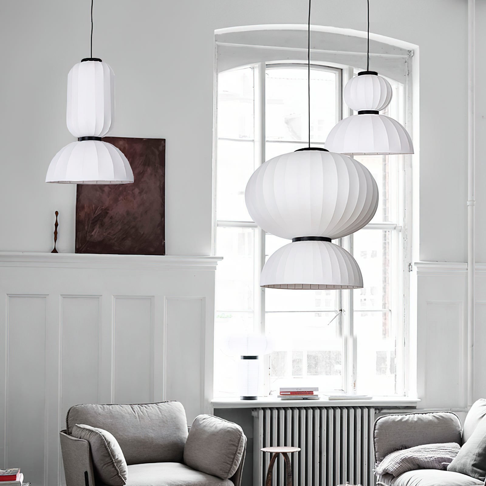 Scandinavian Pendant Light | Mulberry Silk & Black Metal | White Shade