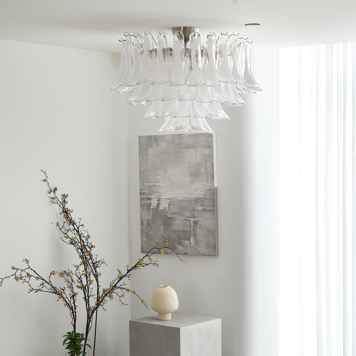 Murano Glass Leaf Ceiling Lamp | Handcrafted Italian Design | Nickel & White Cloud