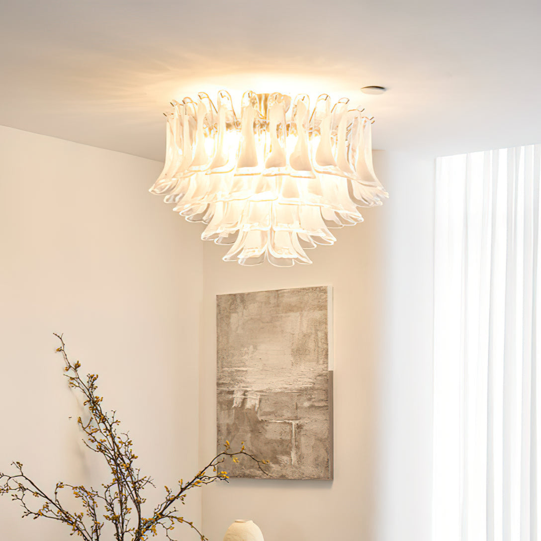 Murano Glass Leaf Ceiling Lamp | Handcrafted Italian Design | Nickel & White Cloud
