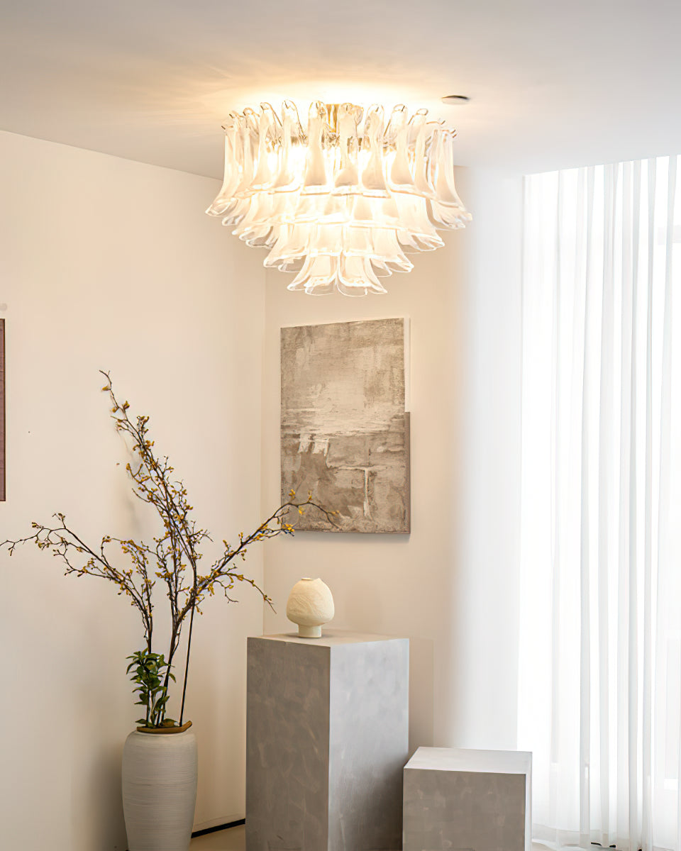Murano Glass Leaf Ceiling Lamp | Handcrafted Italian Design | Nickel & White Cloud